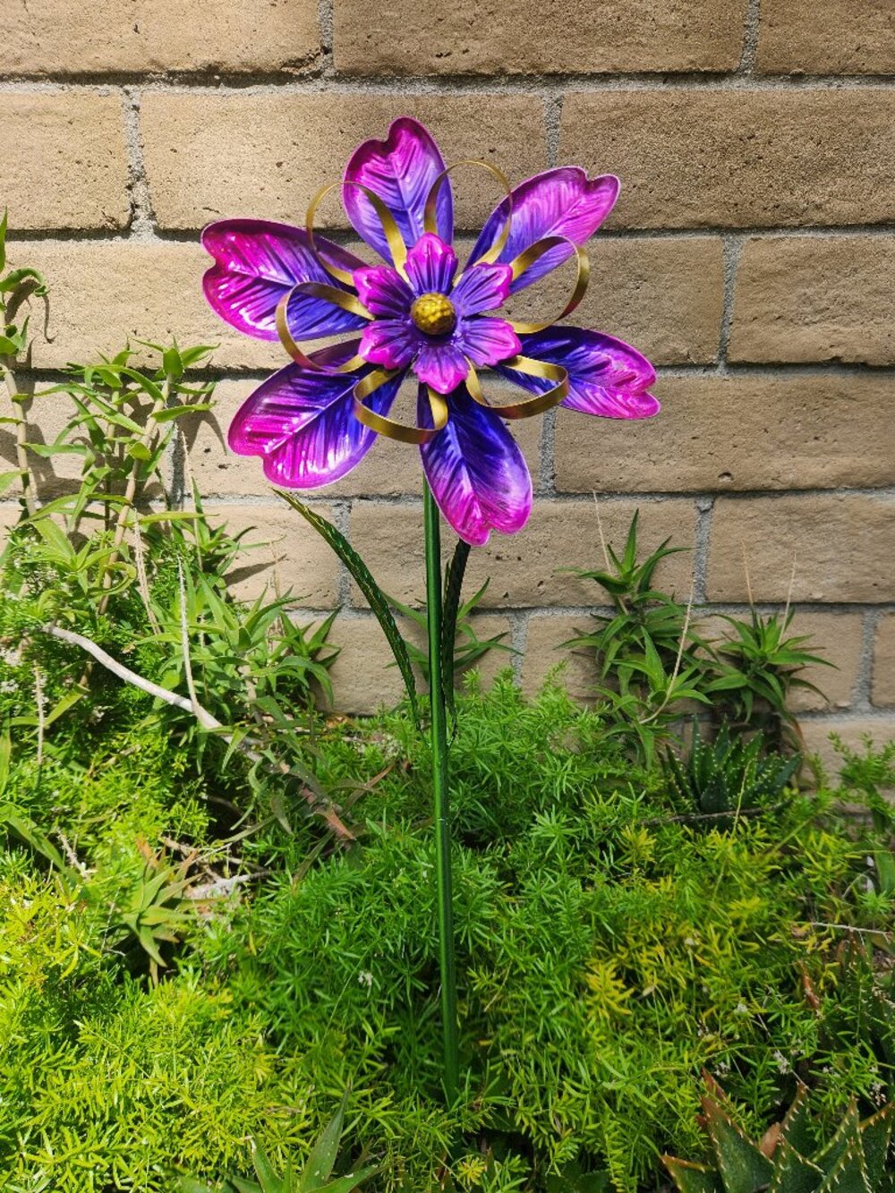 36" H, PURPLE/GOLD Iridescent Flower Spinner Stake, Garden Decoration